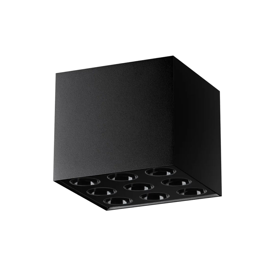 Plafonnier Ozzy led noir mat en forme de cube avec neuf lampes circulaires design moderne combinaison parfaite
