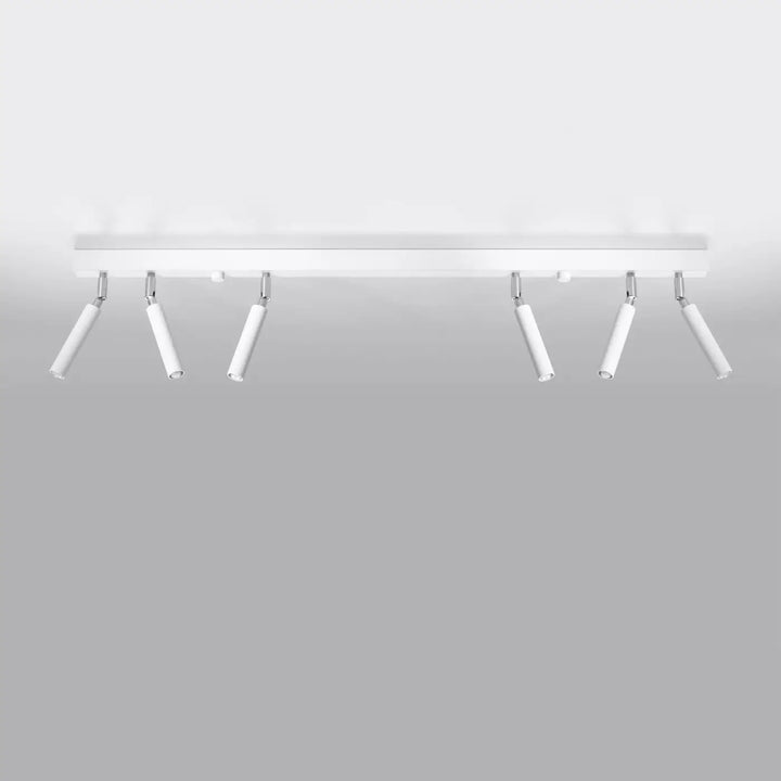 Plafonnier moderne eyetech blanc avec six lampes cylindriques réglables sur cadre métallique style industriel d’ambiance loft