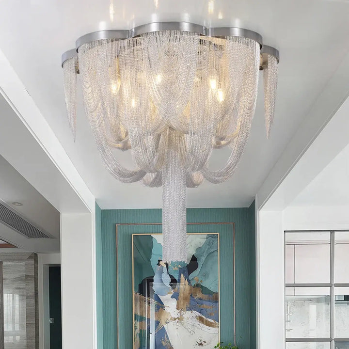 Luminaire Plafonnier Luxueuse Chaînes Métalliques Argent Design