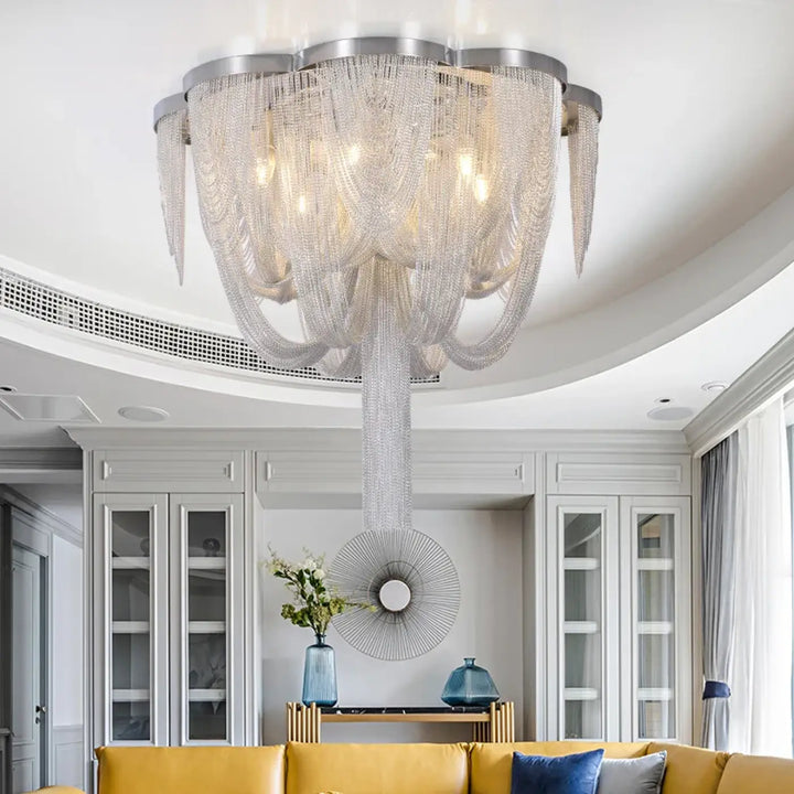 Luminaire Plafonnier Luxueuse Chaînes Métalliques Argent Design