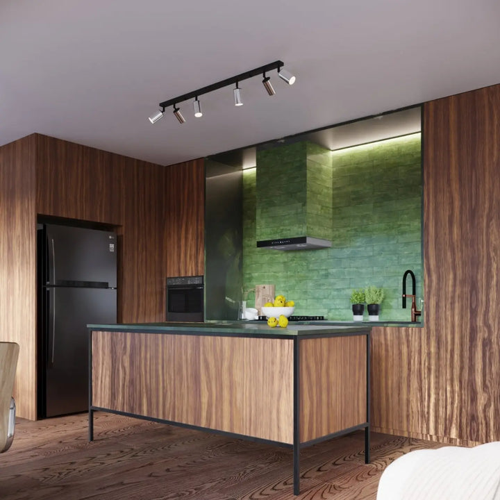 Luminaire plafonnier winx allie design noir chrome avec finition bois et cadre métal noir pour cuisine moderne