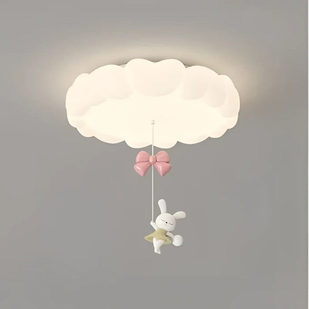Luminaire plafonnier molya en forme de nuage blanc doux avec un nœud rose et un lapin pour salle à manger