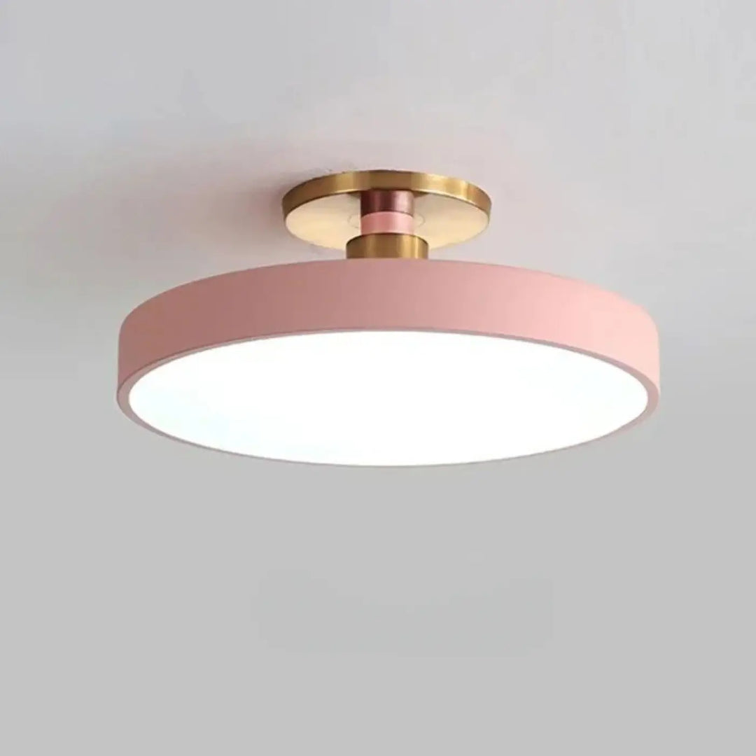 Luminaire plafonnier bisco avec ceiling light circulaire moderne rose et base métallique dorée pour lumière blanche