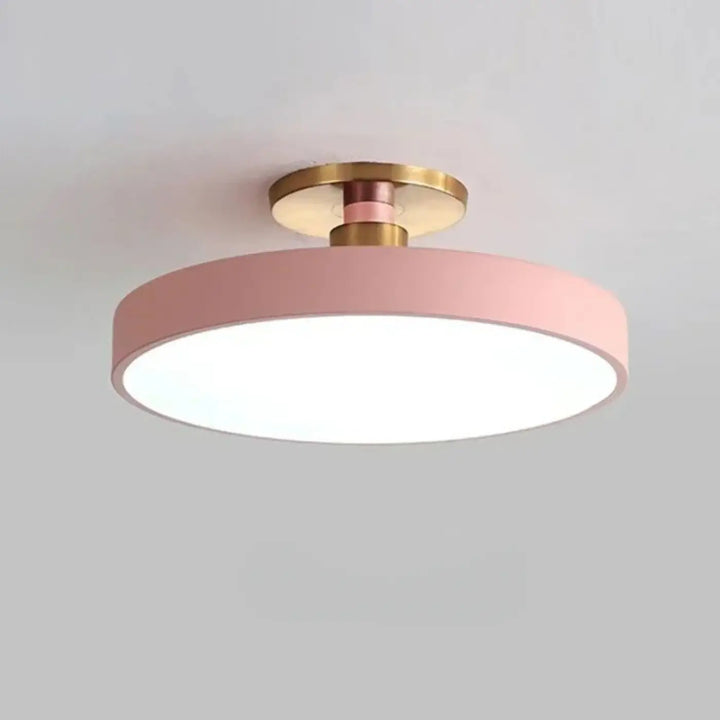 Luminaire plafonnier bisco avec ceiling light circulaire moderne rose et base métallique dorée pour lumière blanche