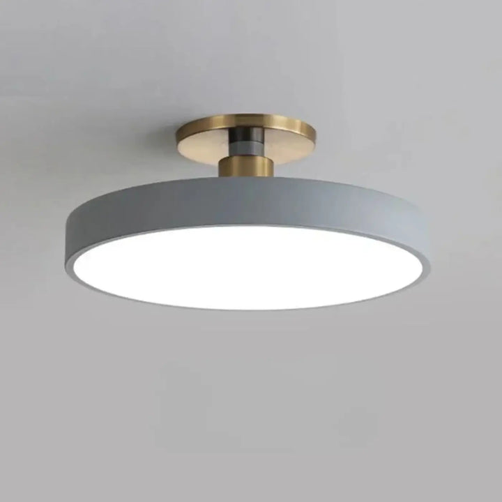 Luminaire plafonnier bisco avec lumière blanche, design moderne gris et base de montage finition laiton