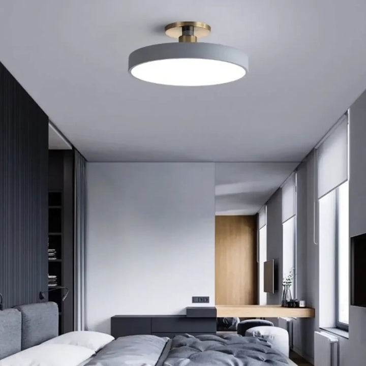 Modern round ceiling light bisco with matte gray shade and polished brass base offering lumière blanche quality
