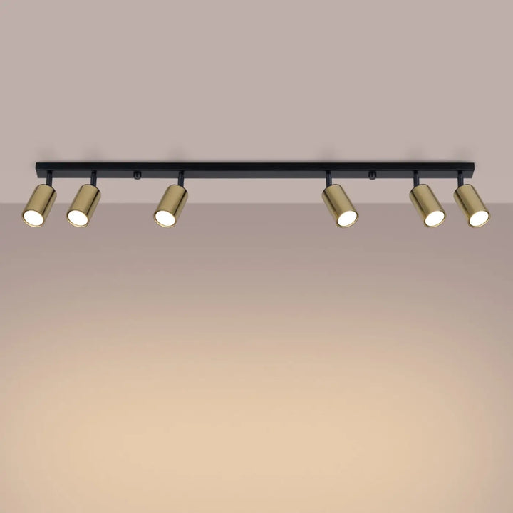 Luminaire plafonnier winx 6l noir avec six spots cylindriques réglables finition dorée design winx allie