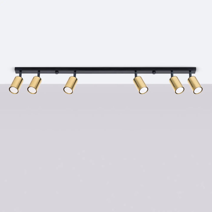 Luminaire plafonnier winx 6l noir avec six spots cylindriques dorés design winx allie élégant et moderne