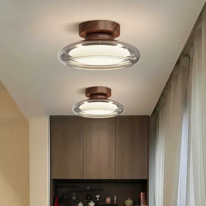 Luminaire plafonnier moderne avec dôme en verre clair et base circulaire en bois ton chaud ecclésia