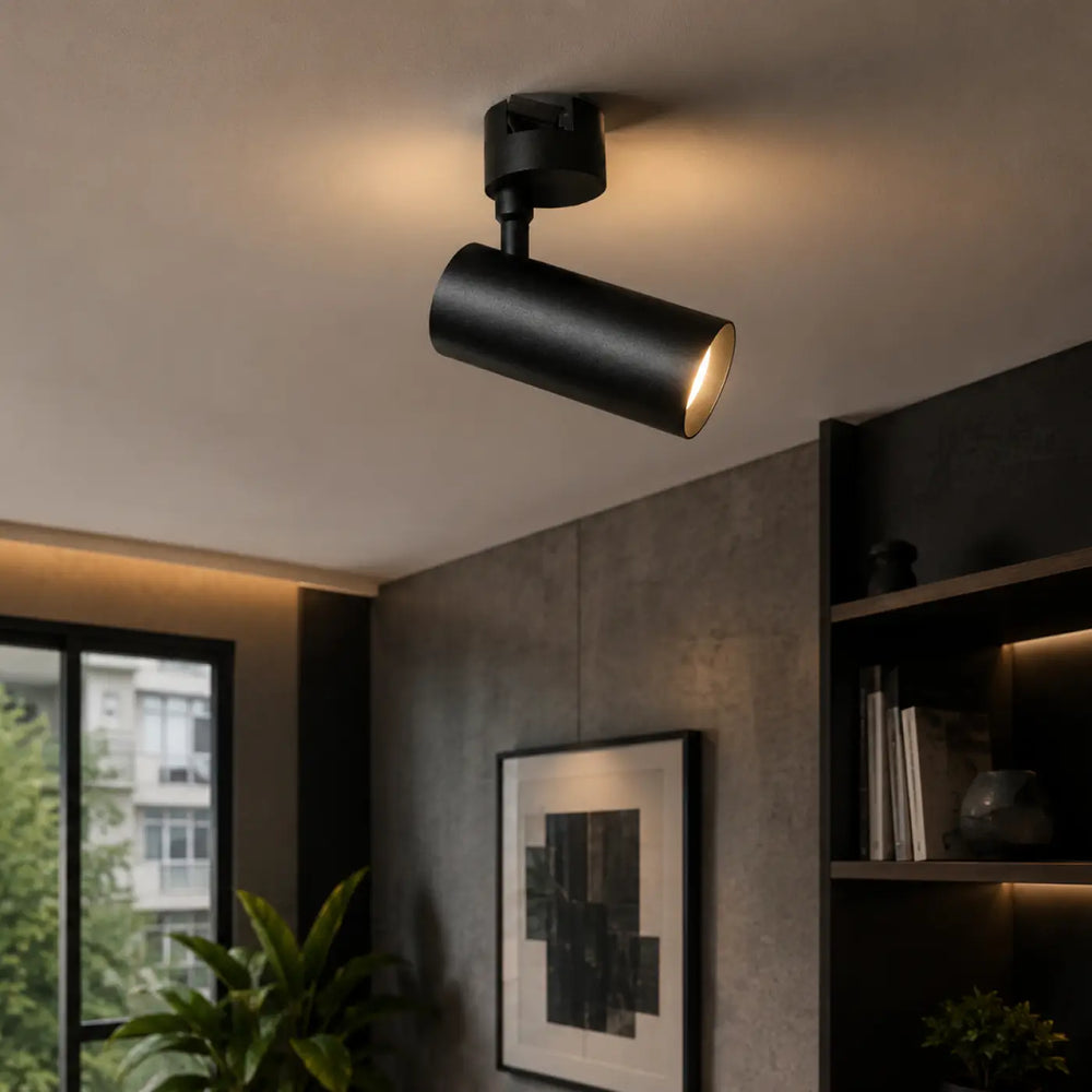 Luminaire plafonnier arena noir cylindre mat avec tête réglable pour éclairage ambiant chaud plafonnier moderne plus qu’un