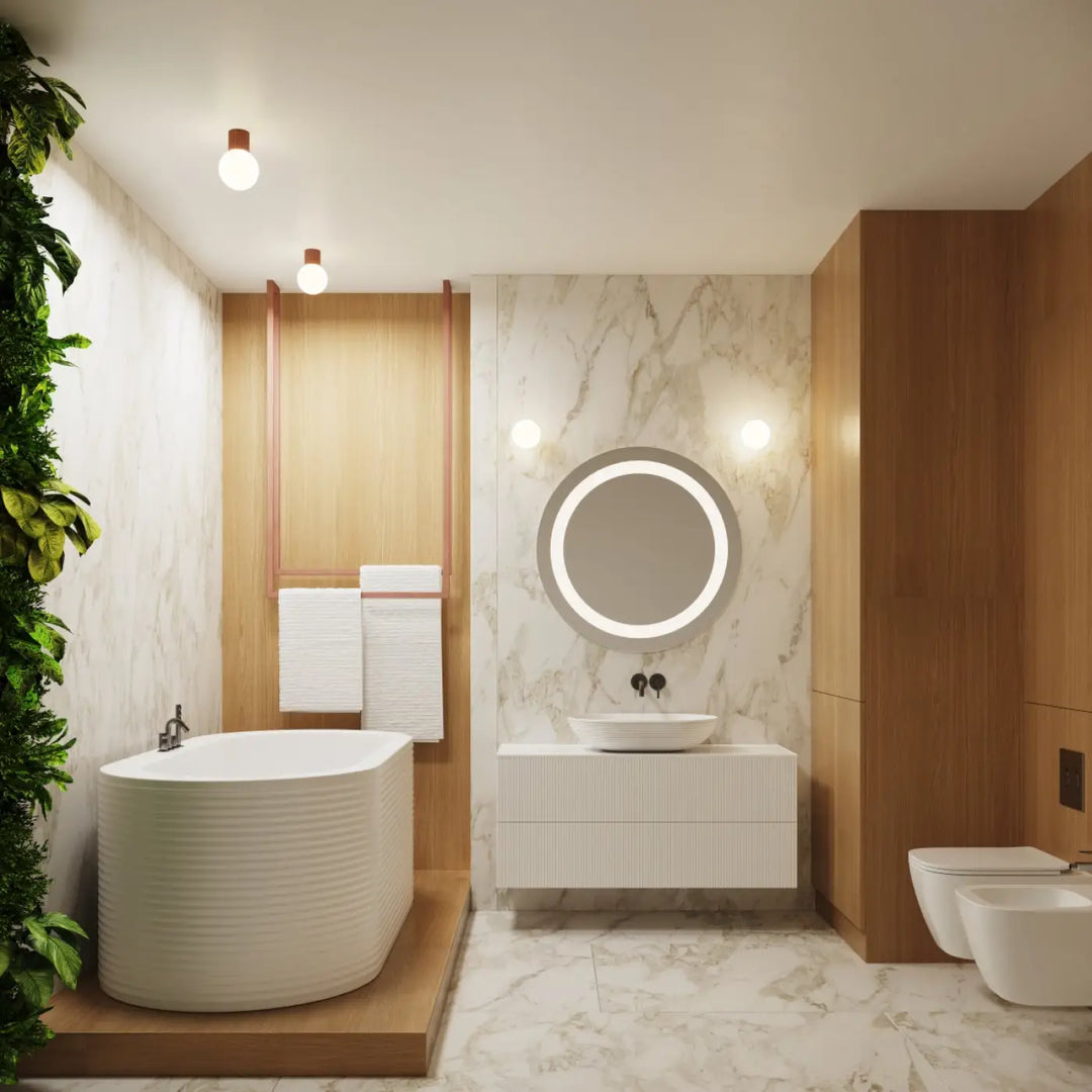 Baignoire autoportante blanche nervurée accompagnée d’une lampe halo sphère laiteuse pour bureau décorative