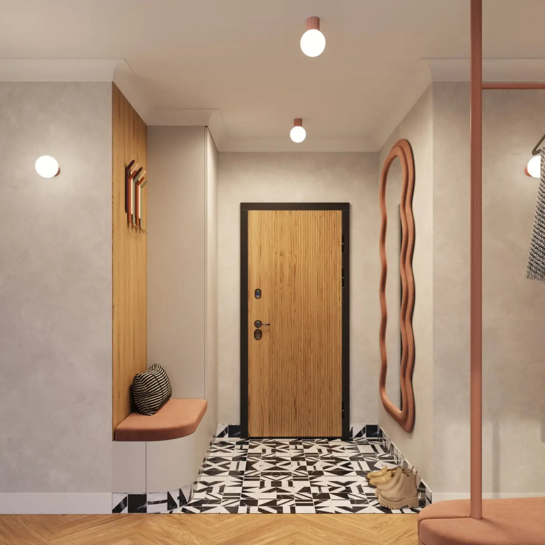 Luminaire plafonnier halo moka avec porte en bois à cadre noir et grain vertical pour bureau décorative avec lampe halo sphère laiteuse