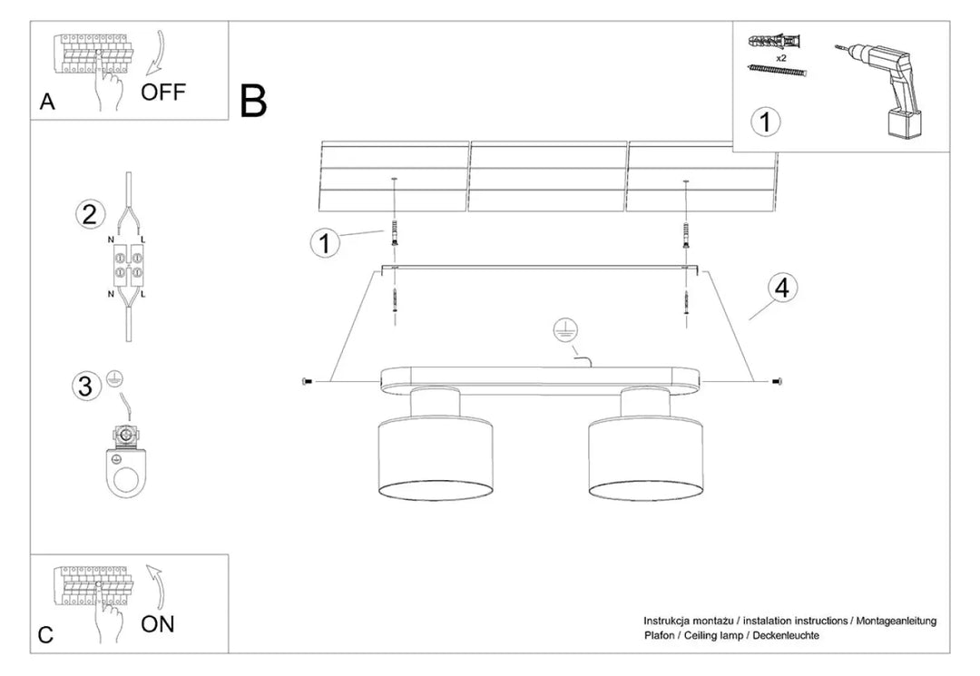 Diagramme d’installation du luminaire plafonnier savar 2 noir avec deux lampy z linii savar przyciągają uwagę jednocześnie emanują prostotą