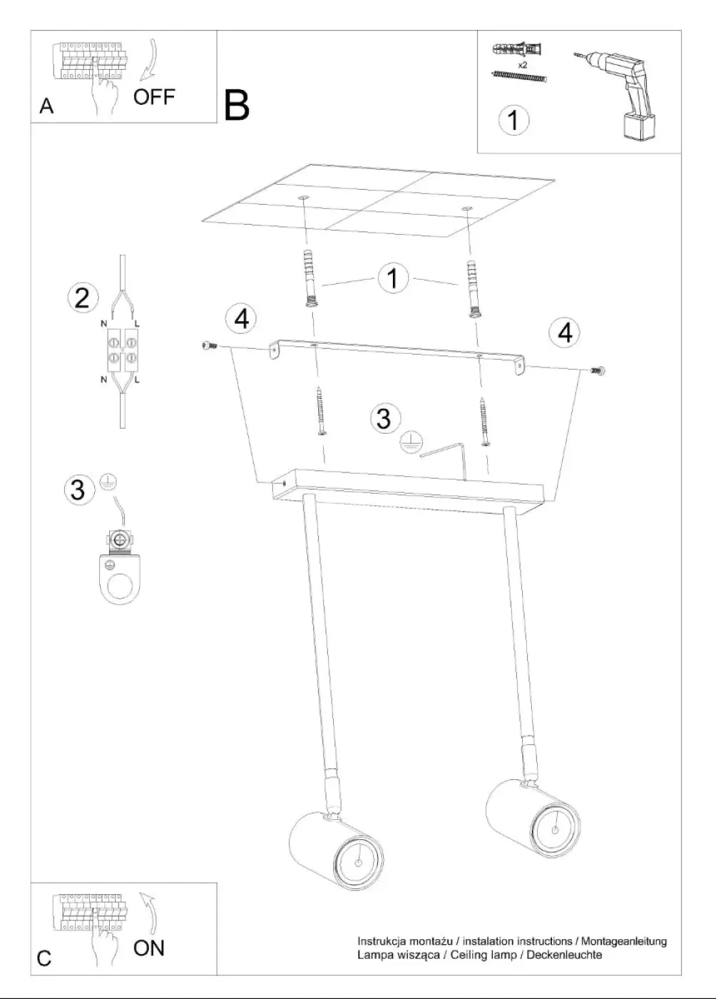 Plafonnier norano 2 noir avec deux têtes cylindriques et bras anormalement longs pour installation ajustable