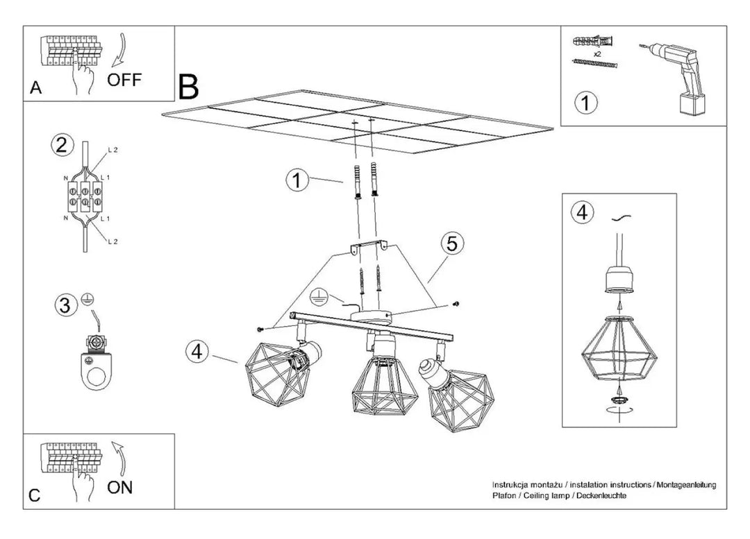 Luminaire plafonnier série artemis noir en fil métallique avec trois têtes réglables pour créer une atmosphère intime