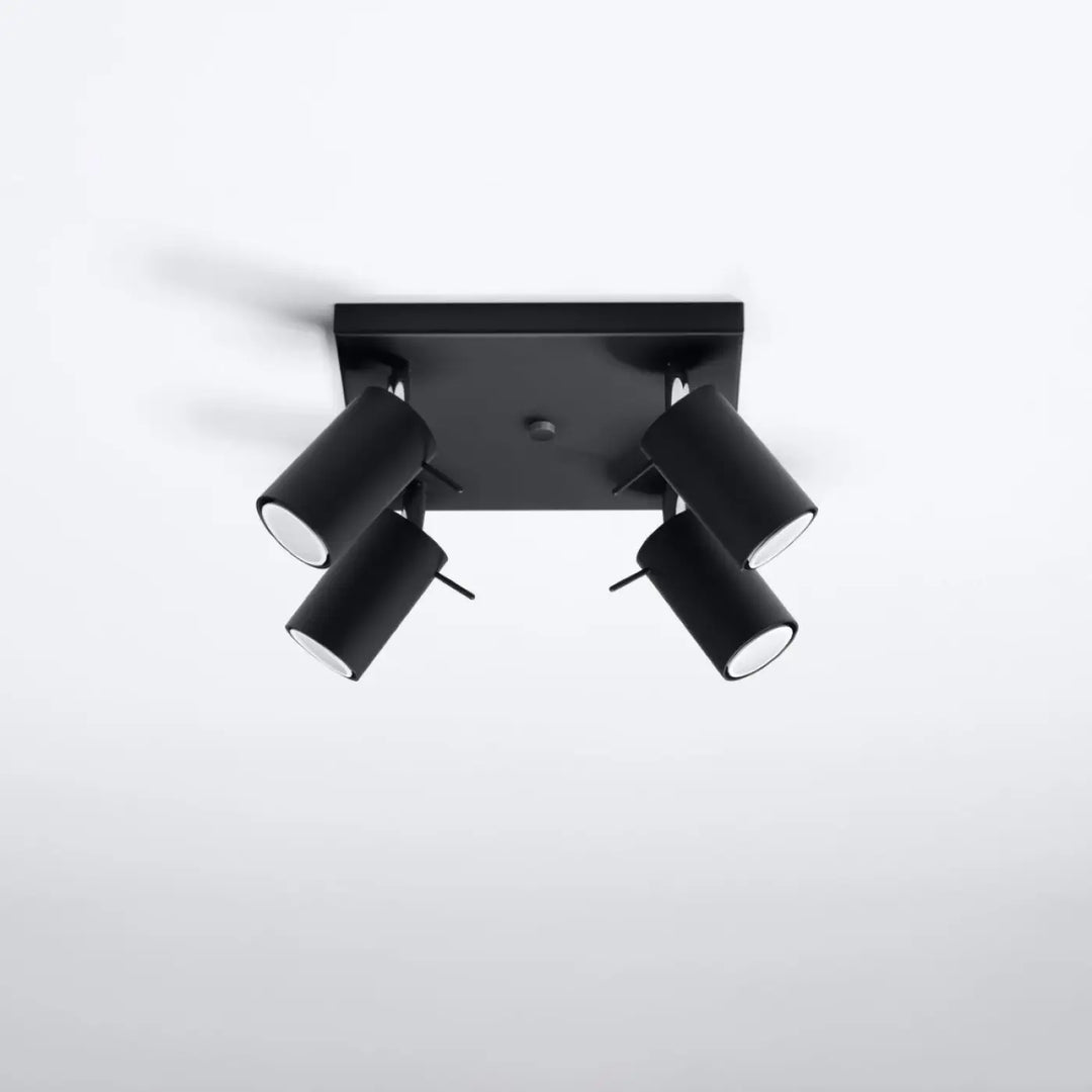 Luminaire plafonnier ring 4 noir à quatre têtes cylindriques en finition mate avec bras réglables pour ambiance intérieure chaleureuse
