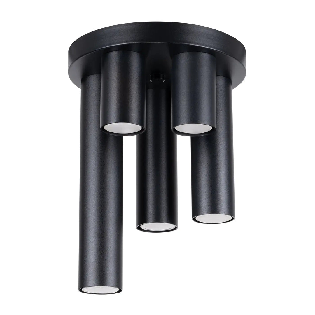 Plafonnier lagos 5p noir avec cinq tubes verticaux en finition mate noire pour un caractère chic raffiné