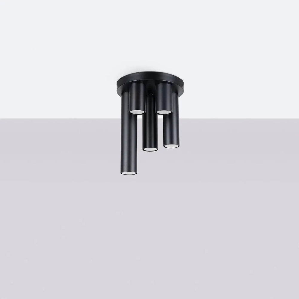 Plafonnier lagos 5p noir avec cinq tiges mates cylindriques pour un caractère chic et une lampe lagos moderne