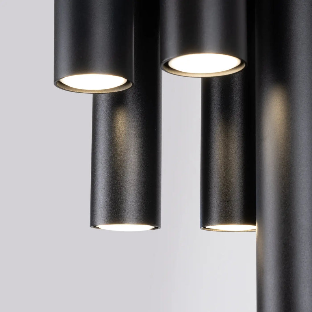 Plafonnier lagos 5p noir avec lampe lagos cylindrique noire et ampoules led blanc chaud pour caractère chic