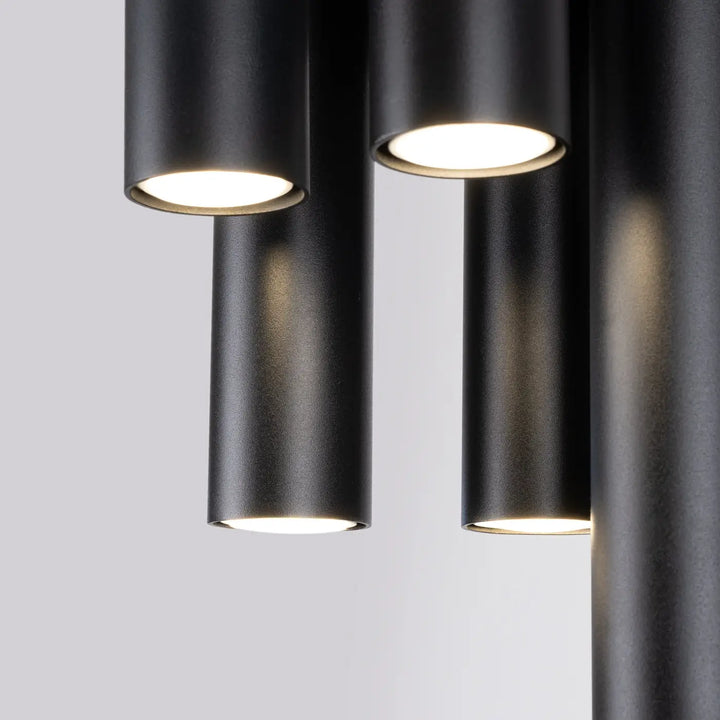 Plafonnier lagos 5p noir avec lampe lagos cylindrique noire et ampoules led blanc chaud pour caractère chic