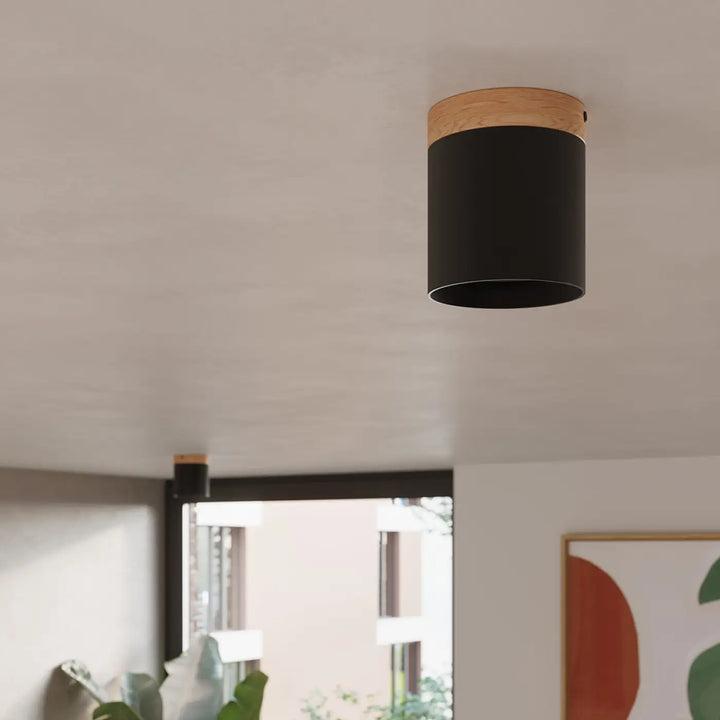 Plafonnier rif noir cylindrique avec anneau en bois naturel pour solutions déclairage modernes