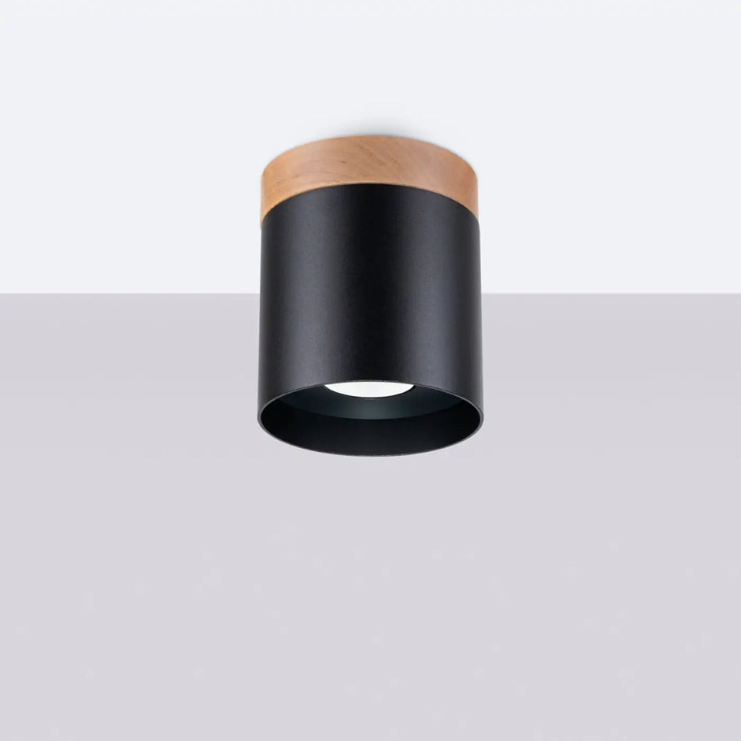 Plafonnier rif noir cylindrique avec dessus en bois naturel offrant des solutions déclairage modernes