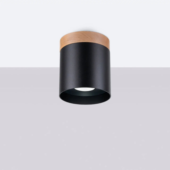 Plafonnier rif noir cylindrique avec dessus en bois naturel offrant des solutions déclairage modernes