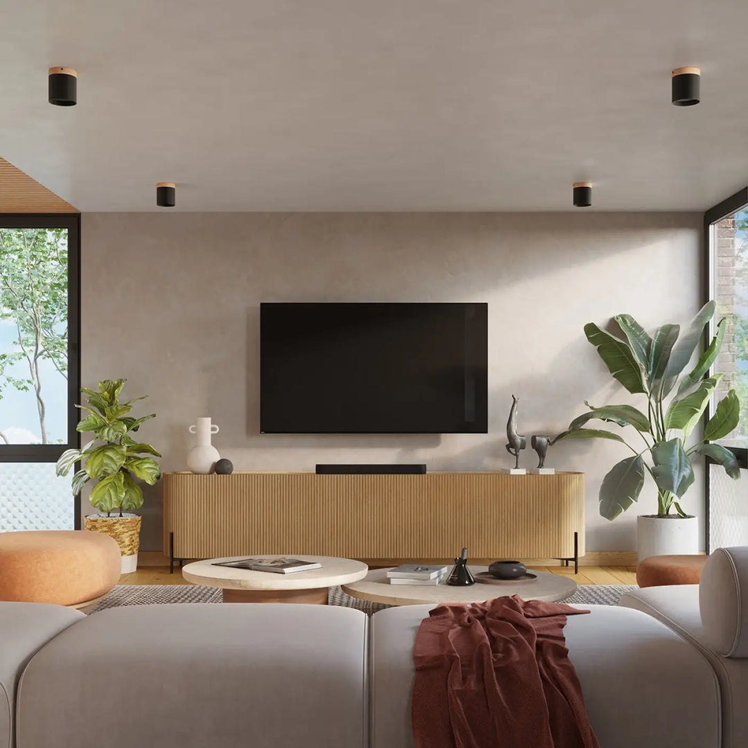 Plafonnier rif noir monté au-dessus dune console en bois naturel offrant des solutions déclairage modernes