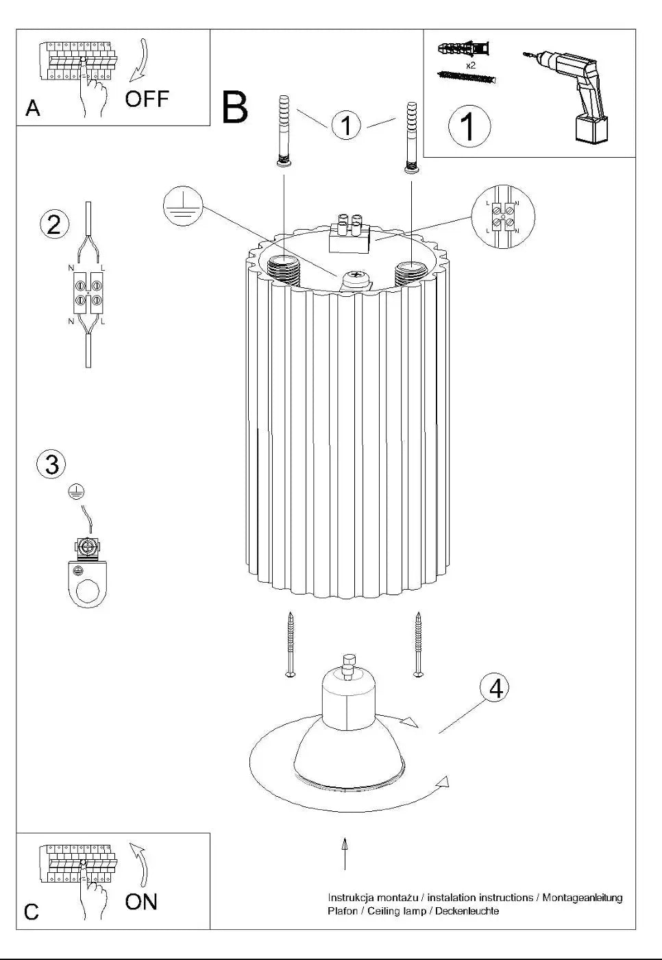 Plafonnier karbon allie design minimaliste noir avec lampe cylindrique à rainures verticales et ampoules gu10 interchangeables
