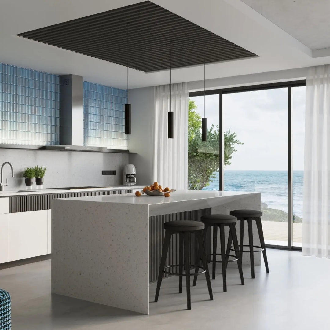 Modern black bar stools with sleek metal frames and cushioned seats complement the plafonnier karbon allie design minimaliste with ampoules gu10 interchangeables