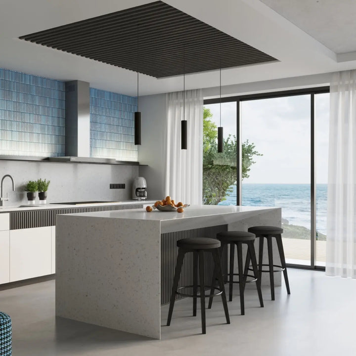 Modern black bar stools with sleek metal frames and cushioned seats complement the plafonnier karbon allie design minimaliste with ampoules gu10 interchangeables