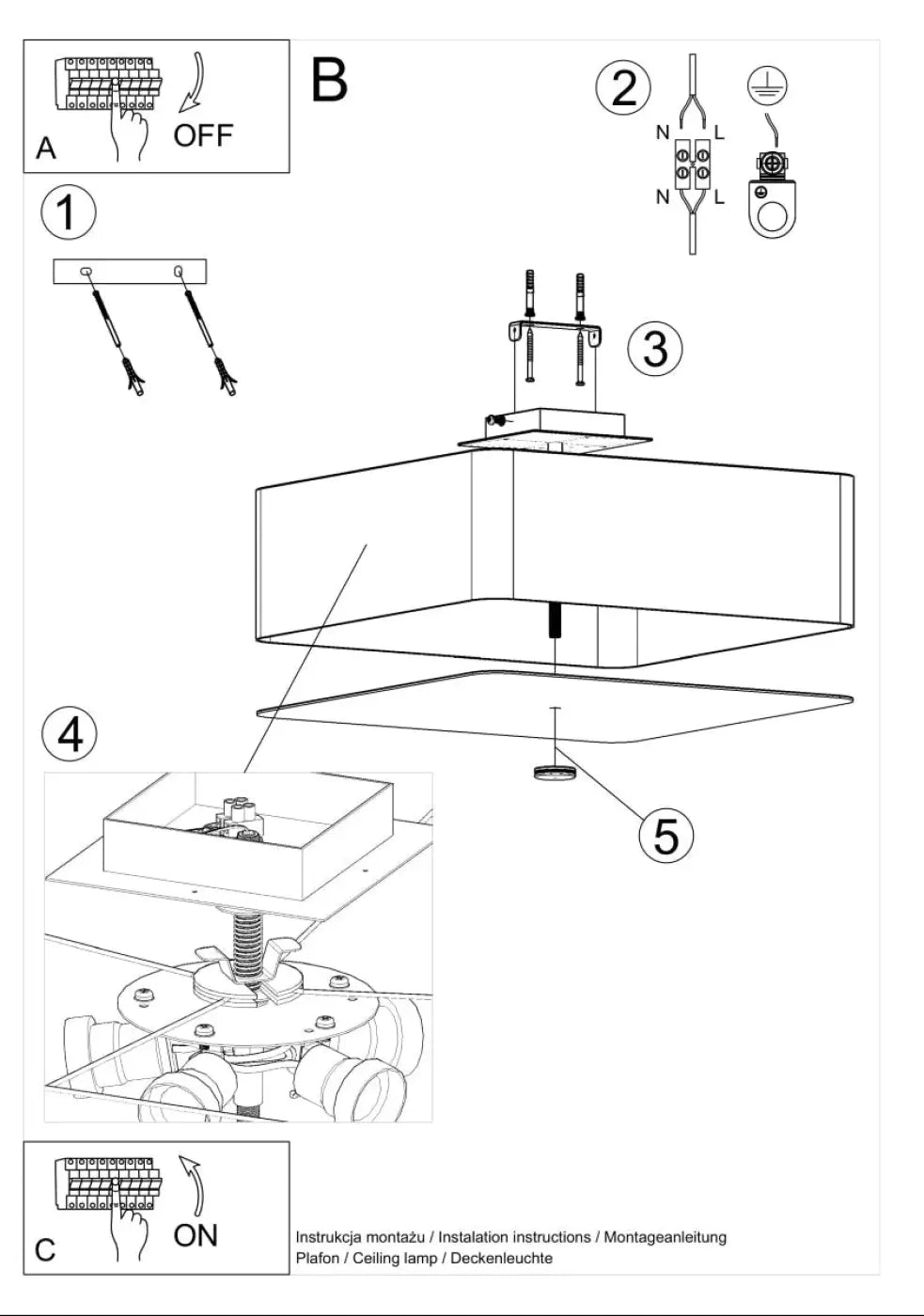 Le diagramme illustre lassemblage du luminaire plafonnier lokko 45 noir avec contour distinct et forme contrastante
