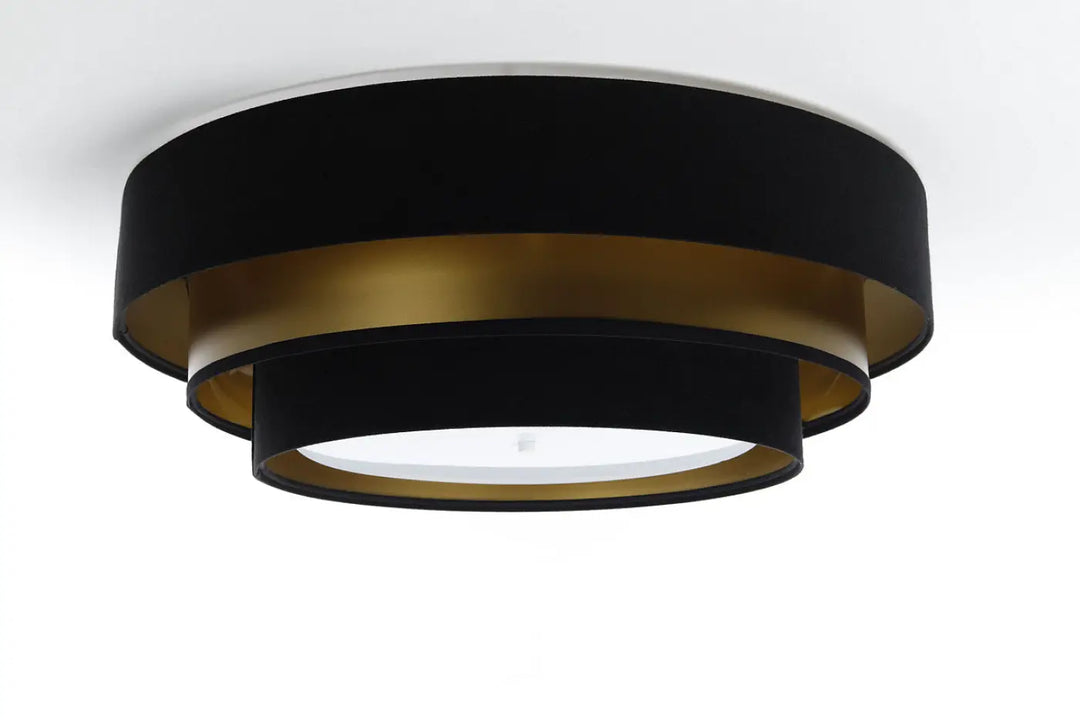 Luminaire plafonnier noir design moderne avec anneaux concentriques noirs et dorés triniti elegant