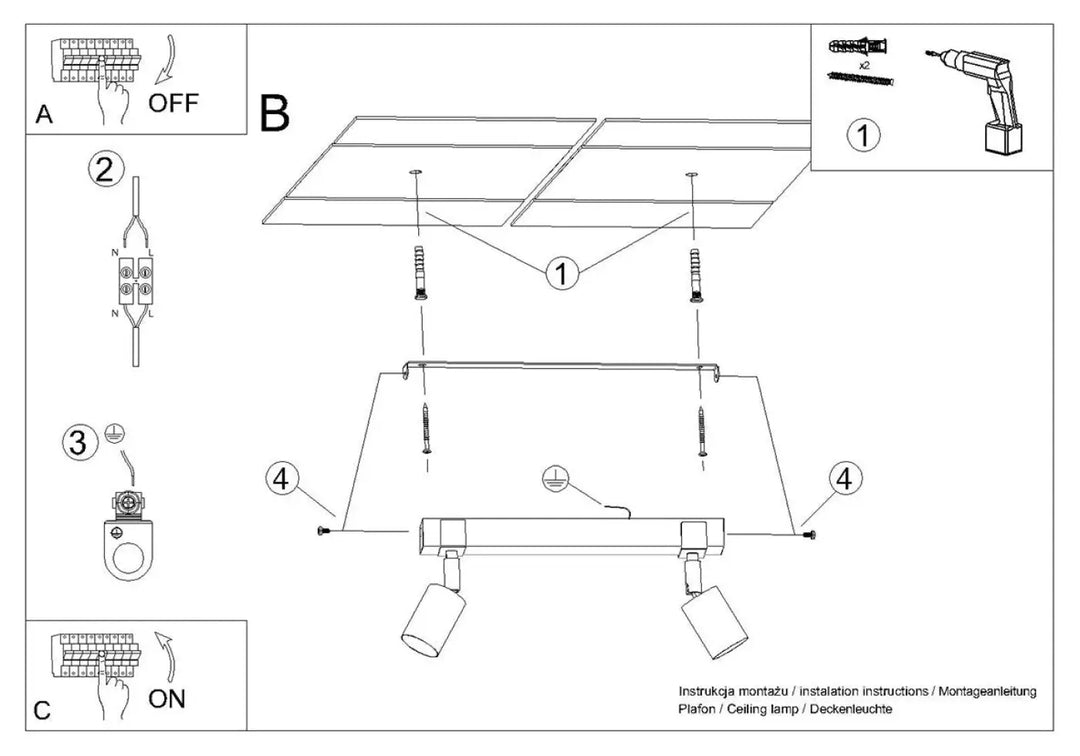 Diagramme d’installation pour luminaire plafonnier fager 2 noir avec vis, supports, et branchements électriques bois naturel