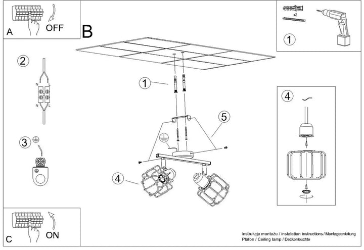 Luminaire plafonnier beluci 2 noir style loft avec double spot cylindrique en métal à cage protectrice pour appliques murales