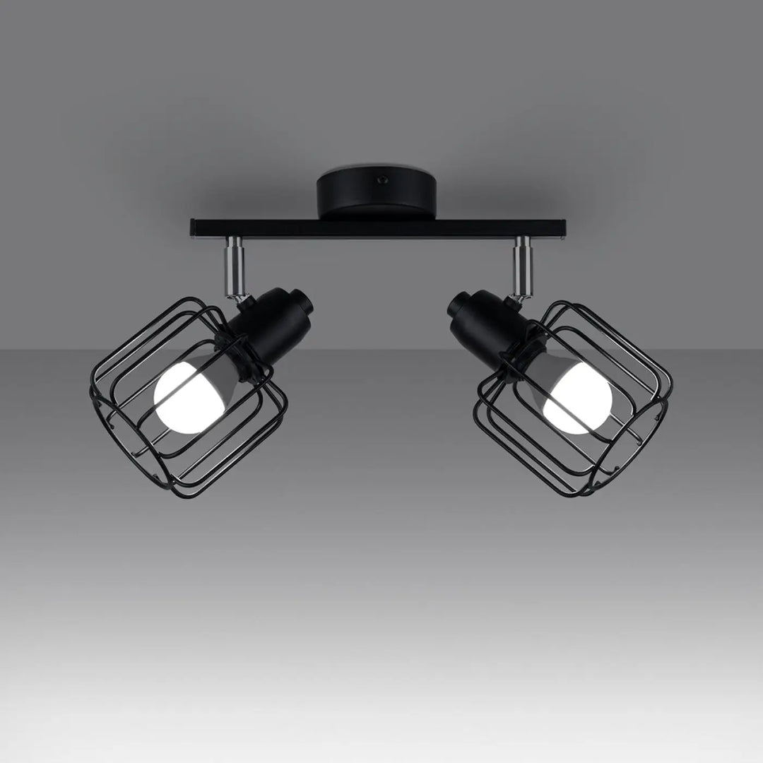 Luminaire plafonnier beluci 2 noir style loft avec deux spots réglables en cage métallique pour appliques murales