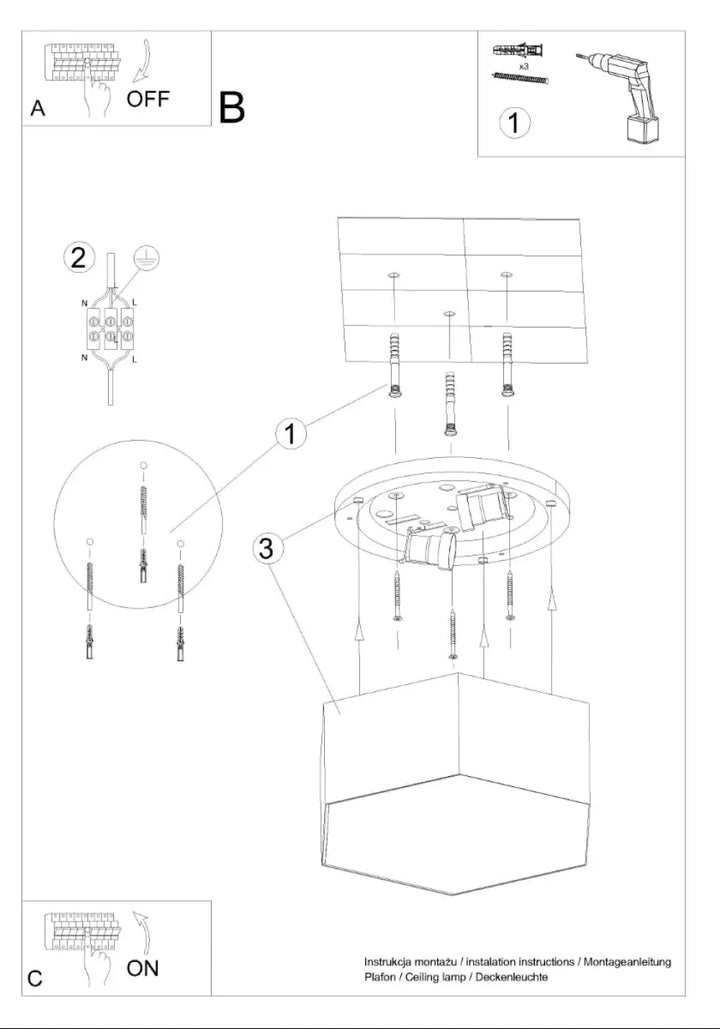 Diagramme dinstallation du luminaire plafonnier sunde 15 noir avec formes géométriques et composants de montage