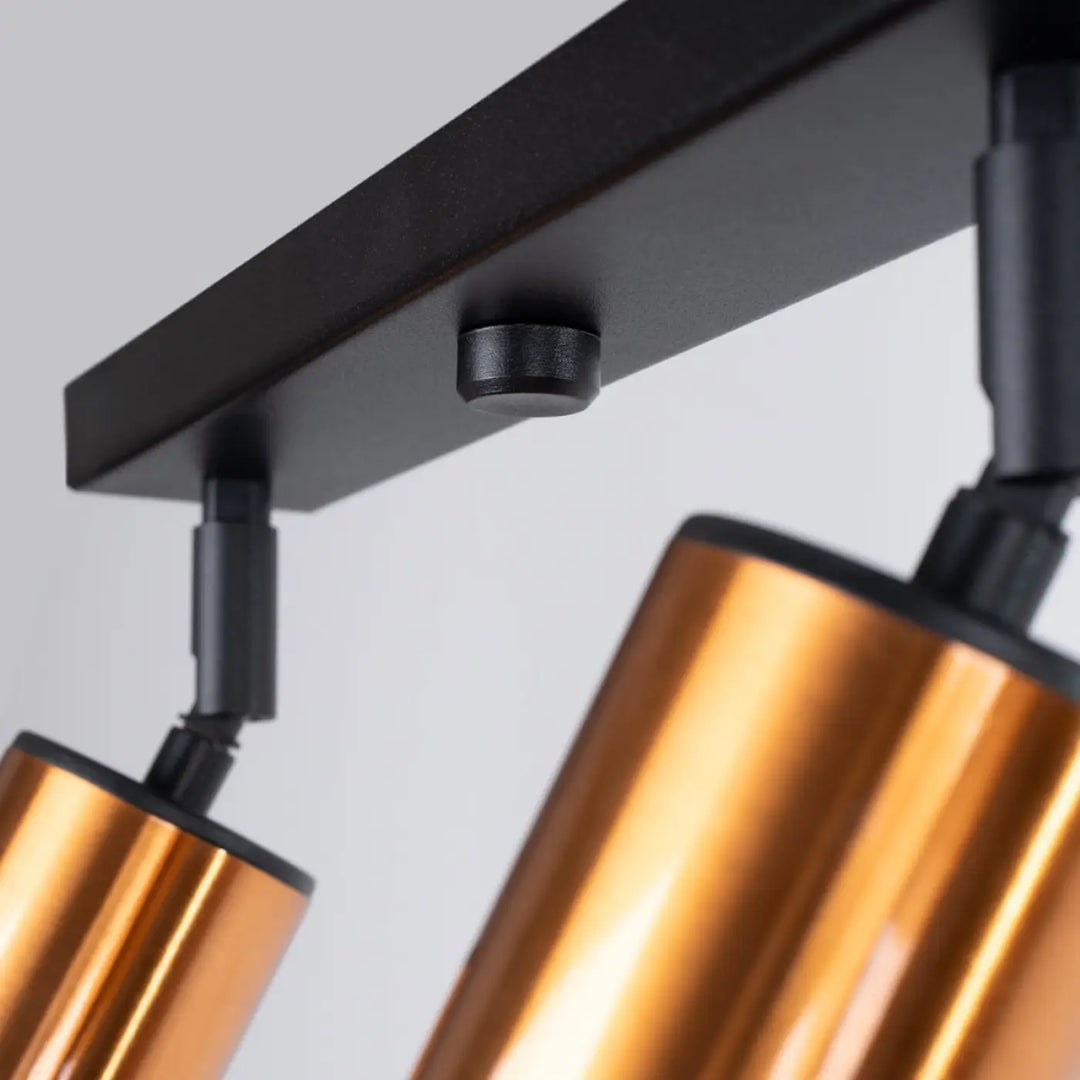 Plafonnier winx 4l noir avec spots cylindriques cuivre et fixation noire pour lampe winx allie moderne