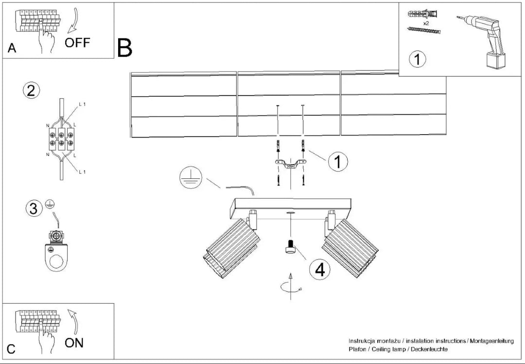 Plafonnier karbon 4 noir avec ampoules gu10 interchangeables et design minimaliste à deux spots réglables