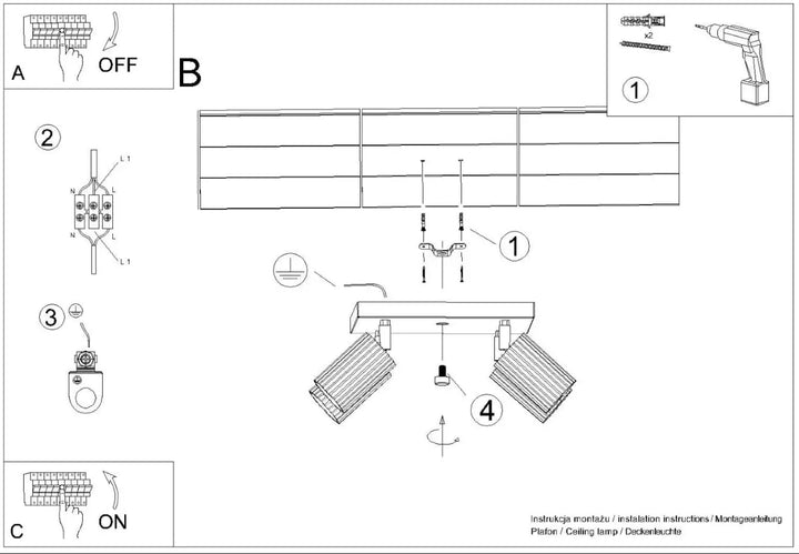 Plafonnier karbon 4 noir avec ampoules gu10 interchangeables et design minimaliste à deux spots réglables