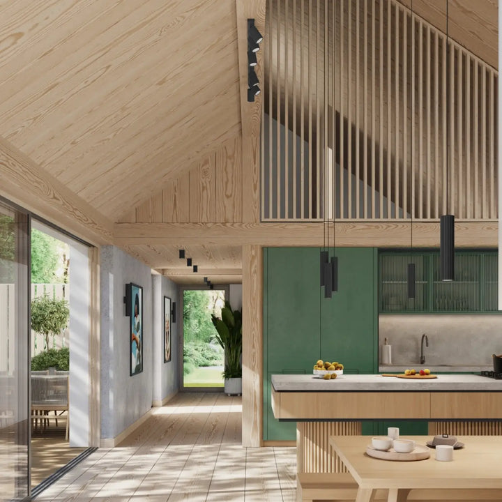 Luminaire plafonnier karbon 6l noir avec ampoules gu10 interchangeables dans une cuisine design minimaliste vert et bois clair