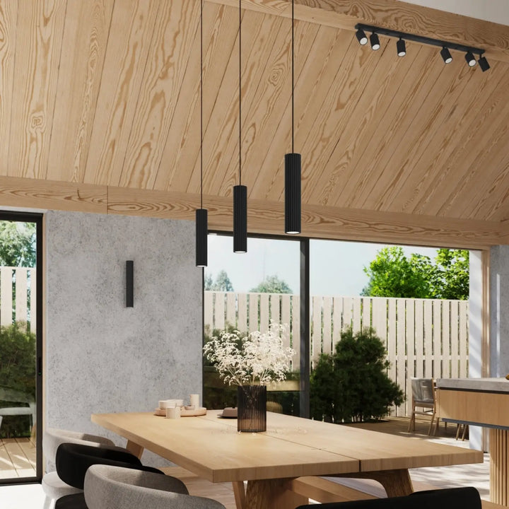 Plafonnier karbon 6l noir en suspension cylindrique avec design minimaliste et ampoules gu10 interchangeables