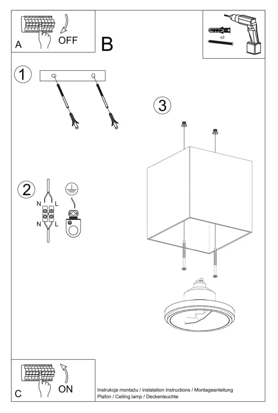 Le diagramme montre les étapes de montage du plafonnier blake noir avec ses composants électriques pour une forme minimaliste