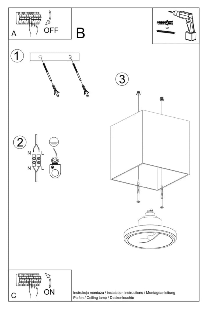 Le diagramme montre les étapes de montage du plafonnier blake noir avec ses composants électriques pour une forme minimaliste