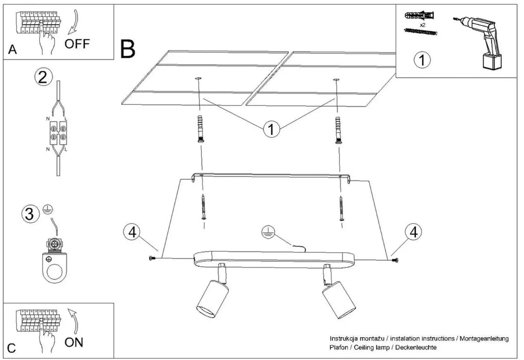 Luminaire plafonnier fornes 2 noir avec deux spots ajustables design moderne de la gamme fornes pour éclairage intérieur