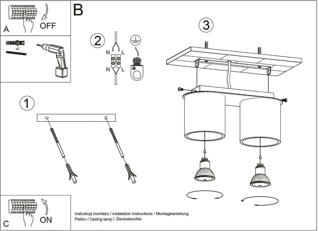 Plafonnier orbis 2 noir avec abat-jours cylindriques et têtes de lampe suspendues en bois naturel pour intérieur moderne