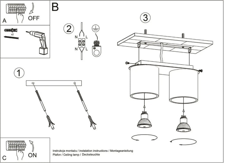 Plafonnier orbis 2 noir avec abat-jours cylindriques et têtes de lampe suspendues en bois naturel pour intérieur moderne
