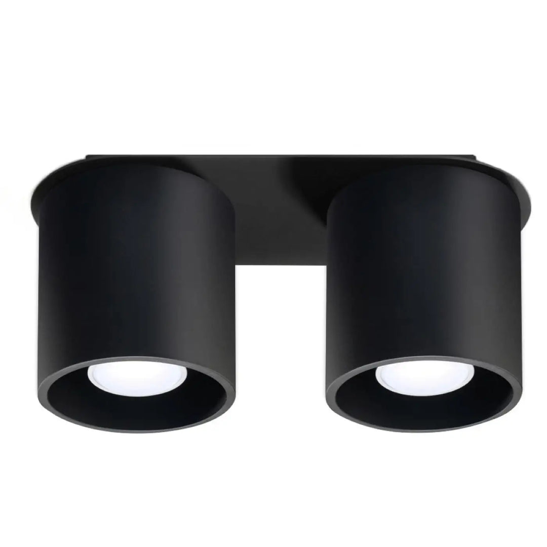Plafonnier orbis 2 noir à double tête led avec finitions mat noir et abat-jours cylindriques en bois naturel