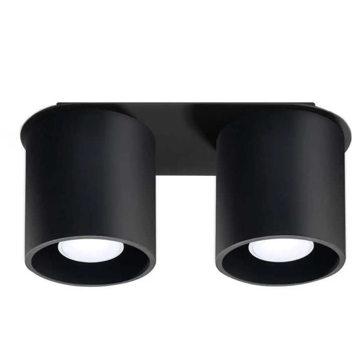 Plafonnier orbis 2 noir à double tête led avec finitions mat noir et abat-jours cylindriques en bois naturel