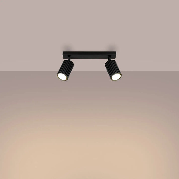 Plafonnier karbon allie noir mat avec deux spots cylindriques rainurés et ampoules gu10 interchangeables design minimaliste